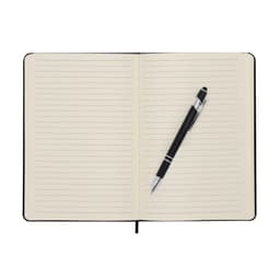 A black Rubin Notebook with lined pages and a silver pen resting on an open spread. The notebook has a sleek design.