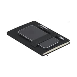 A black notebook with a pen and a smartphone secured on its cover, featuring a logo.