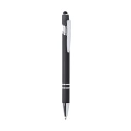 A black and silver pen with a sleek design and a clip for easy attachment.