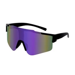 Sunglasses with a sleek black frame and a large purple mirrored lens. Features a modern design and logo on the side.