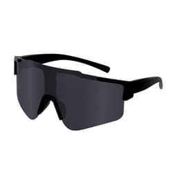 Sunglasses with a sleek, black design and large lens area. Features a modern style and includes branding.