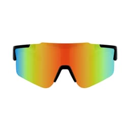 A pair of sunglasses with a bold gradient lens featuring orange, green, and blue tones, framed in black.