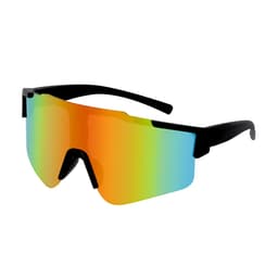 Sunglasses with a black frame and a large, vibrant lens featuring orange and blue gradient colours, with a logo.