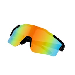 Vibrant sunglasses with a mirrored orange and blue lens, featuring a sleek black frame and a brand logo.