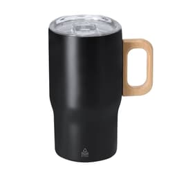 A travel mug in matte black with a wooden handle and transparent lid, featuring a logo.