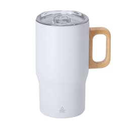 A white insulated travel mug with a wooden handle and a clear lid, featuring a logo.