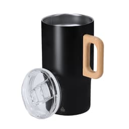 A black insulated travel mug with a wooden handle and a clear lid, featuring a logo.