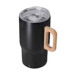 A travel mug with a black exterior, clear lid, and a wooden handle. It features a branding logo.