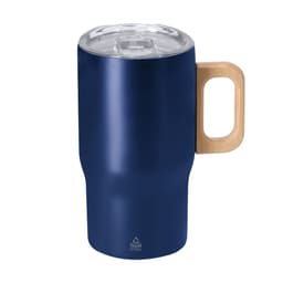 A travel mug in navy blue with a wooden handle and a clear lid, featuring a logo.