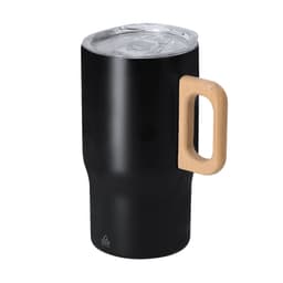 A black insulated travel mug with a wooden handle and transparent lid, featuring a branding logo.