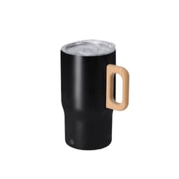 A drink bottle with a black body, clear lid, and a wooden handle. It features a simple design and has a logo.