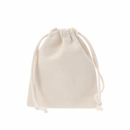 A small, cream-coloured drawstring bag made of fabric, with a simple design and two cords for closure.