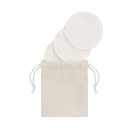 A natural cotton pouch containing four reusable facial pads in white. The pouch has a drawstring closure.
