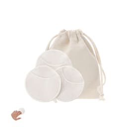 A set of three white reusable cotton pads in a natural drawstring bag.