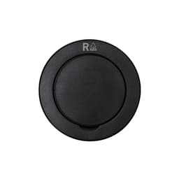 A black phone stand with a circular design, featuring a central ridge and a small logo at the top.