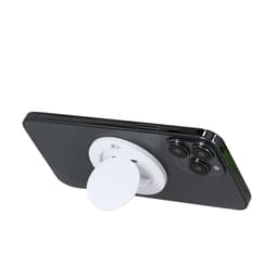 A black smartphone with a white phone stand attached to the back. The stand features a round pop-up design.