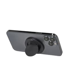 A black phone stand attaches to the back of a grey smartphone, featuring a circular grip and a simplistic design.