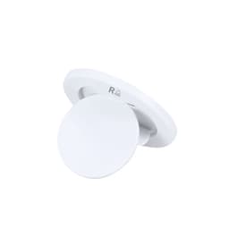 A white phone stand with a circular base and an adjustable back. It features a logo.