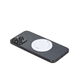A black phone featuring a white circular magnetic attachment, likely a phone stand or charger, with a logo.