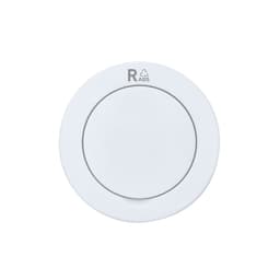 A round white phone stand with a grey trim and a small branding logo at the top.