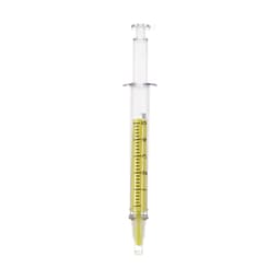 A highlighter in a syringe-shaped design with a bright yellow ink filling and measurement markings. It has a clear plastic body.