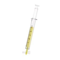 A highlighter in a clear syringe-shaped container, filled with vibrant yellow ink, featuring measurement markings.