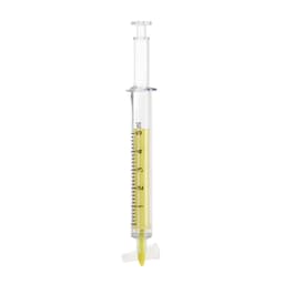 A transparent syringe with yellow liquid, marked in millilitres, featuring a logo on the body.