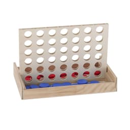 A wooden Connect Four game featuring red and blue discs, set in a portable frame with a base tray.