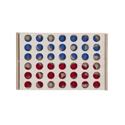 A wooden game board with blue and red circular discs arranged in rows and columns. It has a light wooden frame.