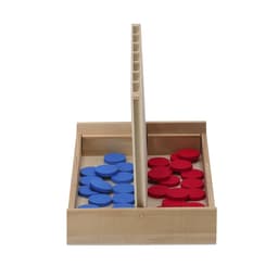 A wooden game board divided into two sections, featuring blue and red game pieces in separate compartments.