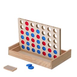 A wooden game set featuring a vertical board with red and blue discs and a storage tray. The game is designed for fun play.