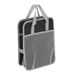 A black and grey mesh tote bag with dual handles and a spacious front pocket. Features a logo.