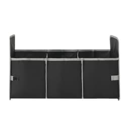 A black organiser bag with three compartments, featuring grey trim and a branding logo.