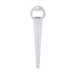 A drink bottle opener with a metallic finish, featuring a ruler etched along one side and a hole for keyring attachment.