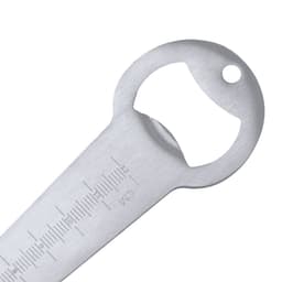 A silver bottle opener with a ruler design and a hole for attachment. It features a simple, sleek look.