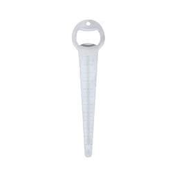 A drink bottle opener with a ruler design, featuring a silver metallic finish and a small logo.