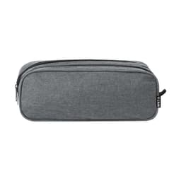 A grey pencil case with a smooth fabric exterior and a zipper closure, featuring a small logo.