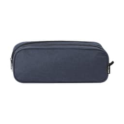 A navy pencil case with a zipper closure and a branding label on the side.