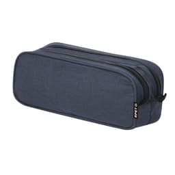 A pencil case in navy blue with two zippered compartments and a logo on the side.