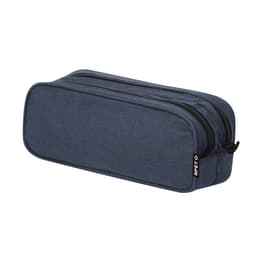 A navy blue pencil case with a double zipper, featuring a logo on the side.