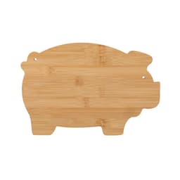 A bamboo chopping board shaped like a pig, featuring a natural finish and a hole for hanging.