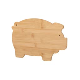 A bamboo chopping board shaped like a pig, featuring a natural wood colour and a smooth surface.