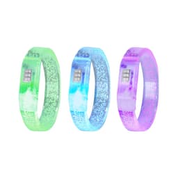 Three glow-in-the-dark silicone wristbands in green, blue, and purple, each featuring a decorative sparkly design and a button.