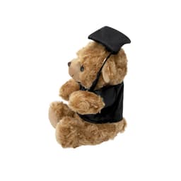 A plush teddy bear in brown fur wearing a black graduation cap and gown. It has a small logo on the gown.