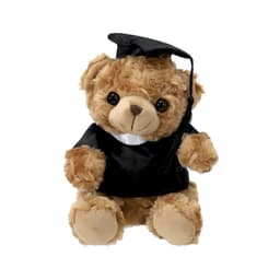 A plush teddy bear in a graduation cap and gown, featuring a light brown colour and black accents.