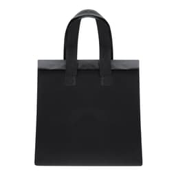 A black cooler bag with sturdy handles and a simple design. It features a logo on the front.