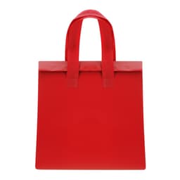 A red cooler bag with two sturdy handles and a simple design. It features branding on the front.