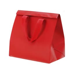 A red cooler bag with a folding top and fabric handles, featuring a simple design and a logo.