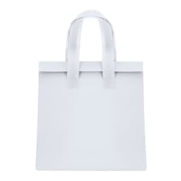A white cooler bag with two handles and a simple design. It features branding on the front.