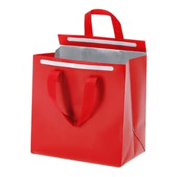 A red cooler bag with silver interior, featuring two fabric handles and an open design. It has a logo on one side.